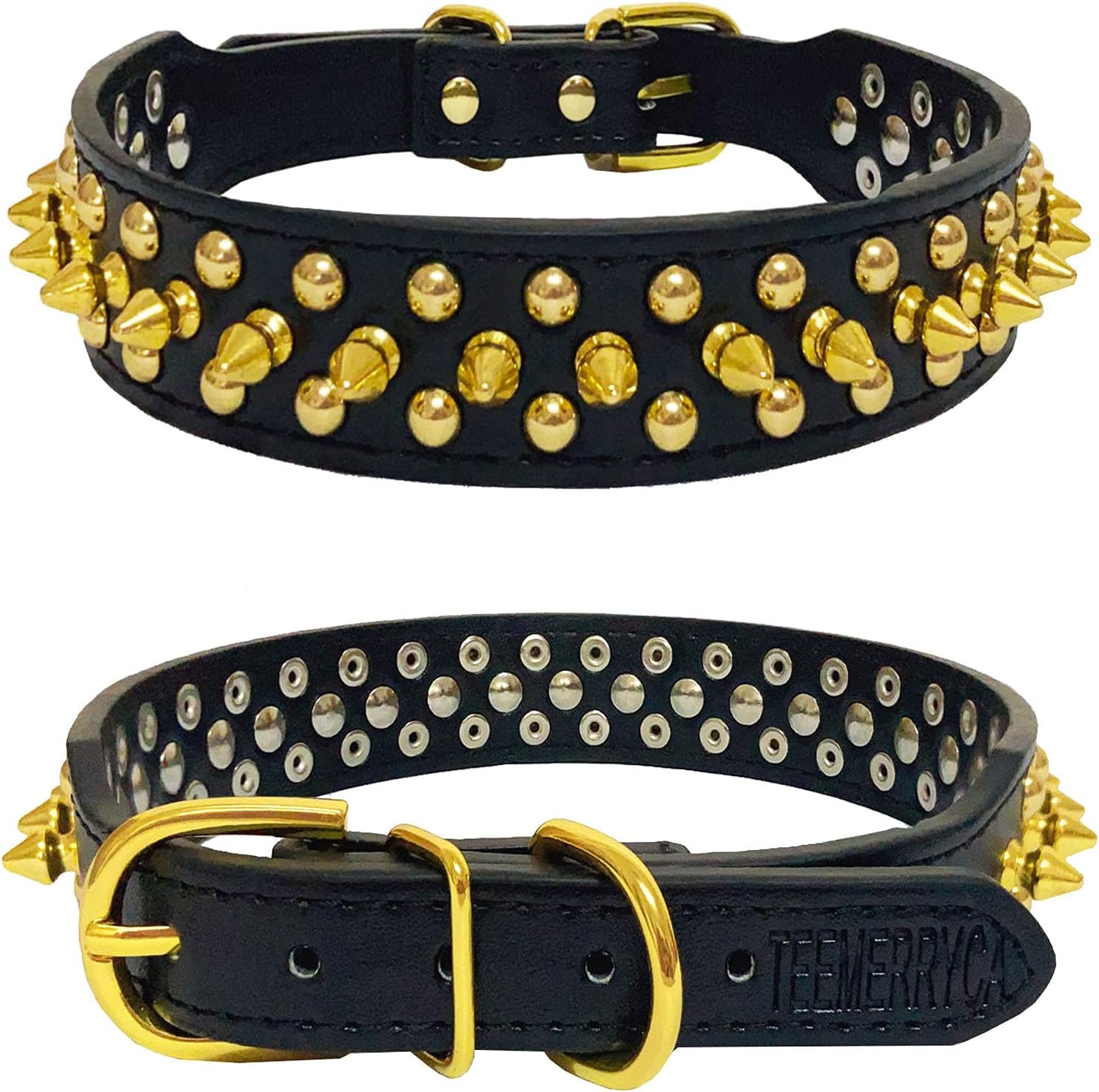 Black Leather Spiked Dog Collar Gold Studs